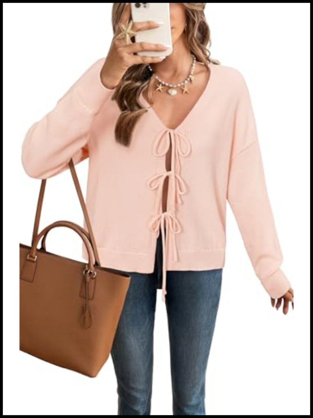 Women's Tie Front Bow Cotton Cardigan Sweater Lightweight Knit Open Front Long